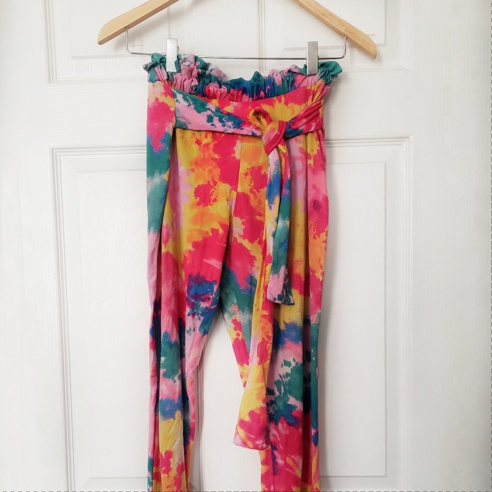 Tie Dye Lounge Pants with Cinched Waist and Tie Belt